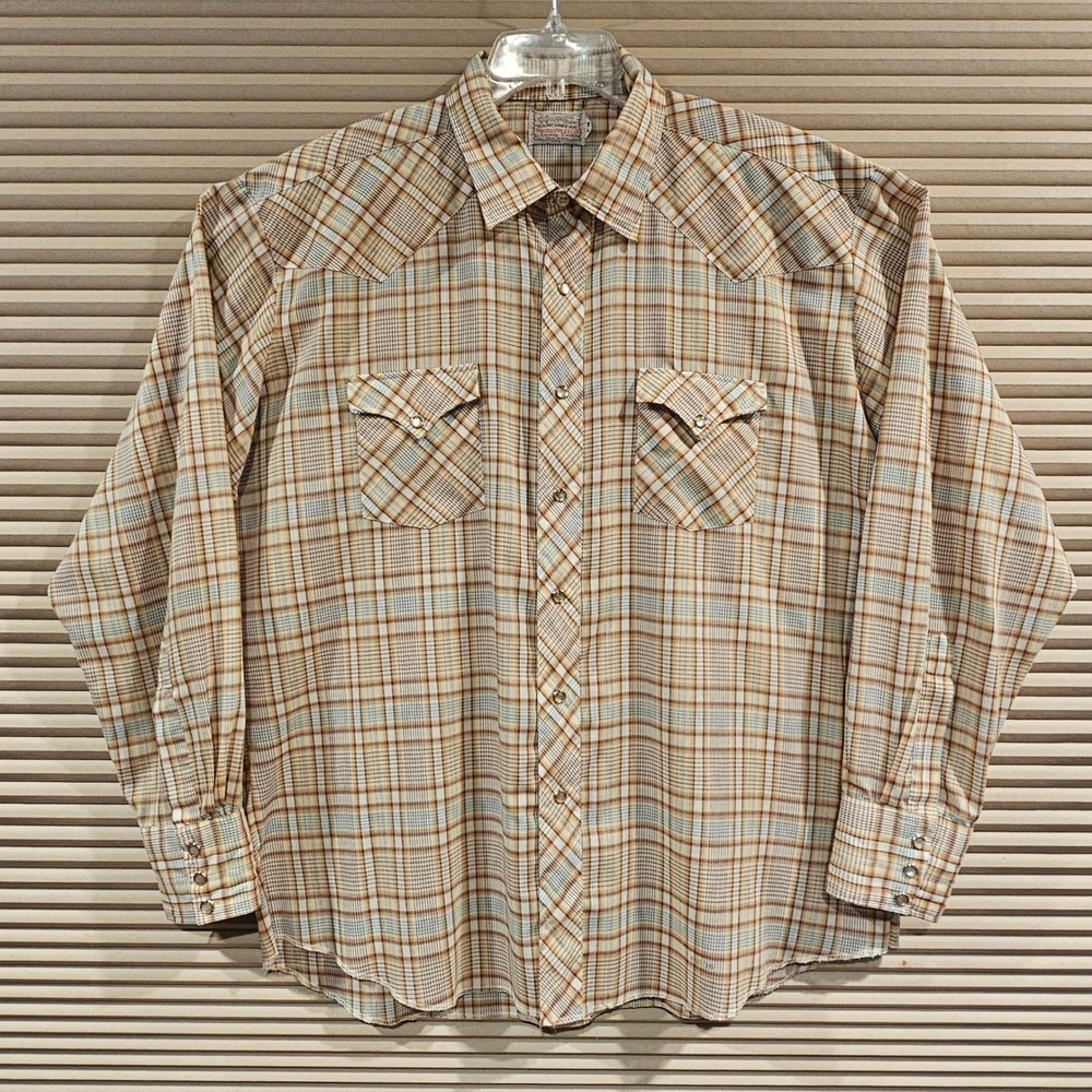 Vintage H Bar C Ranchwear Mens Plaid Western Pearl Snap Shirt Brown Made In USA